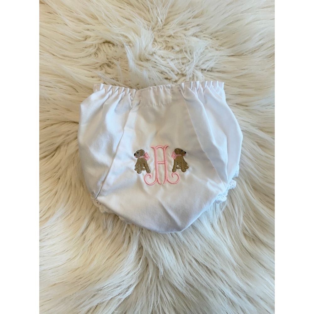 H monogrammed bloomers with dogs 0/3m fit‎ EUC